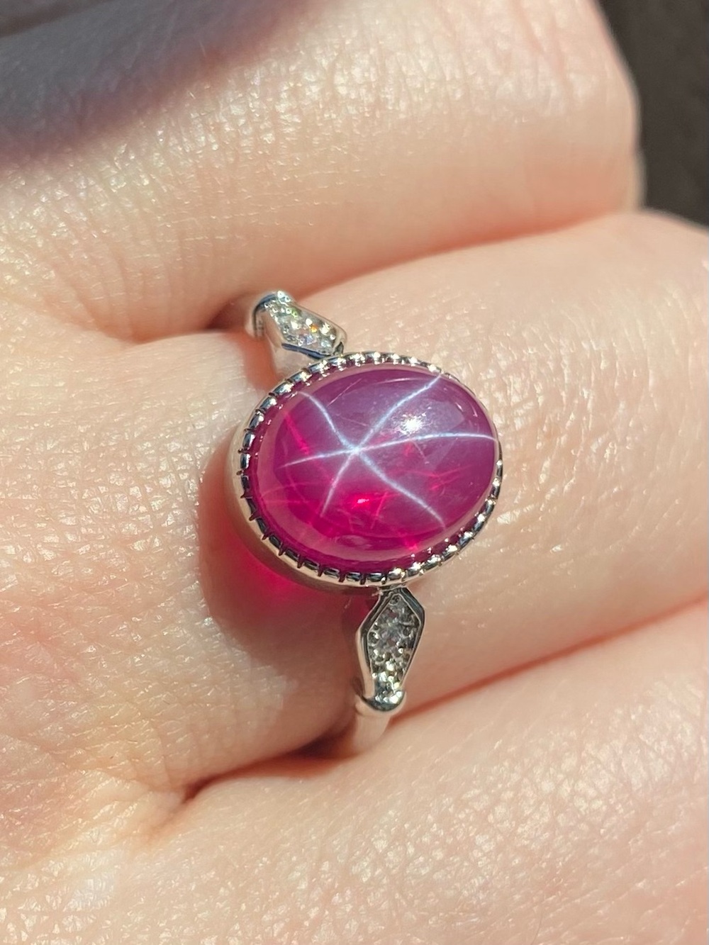 Starburst Ruby Adjustable Cabochon Ring - Silver Tone
